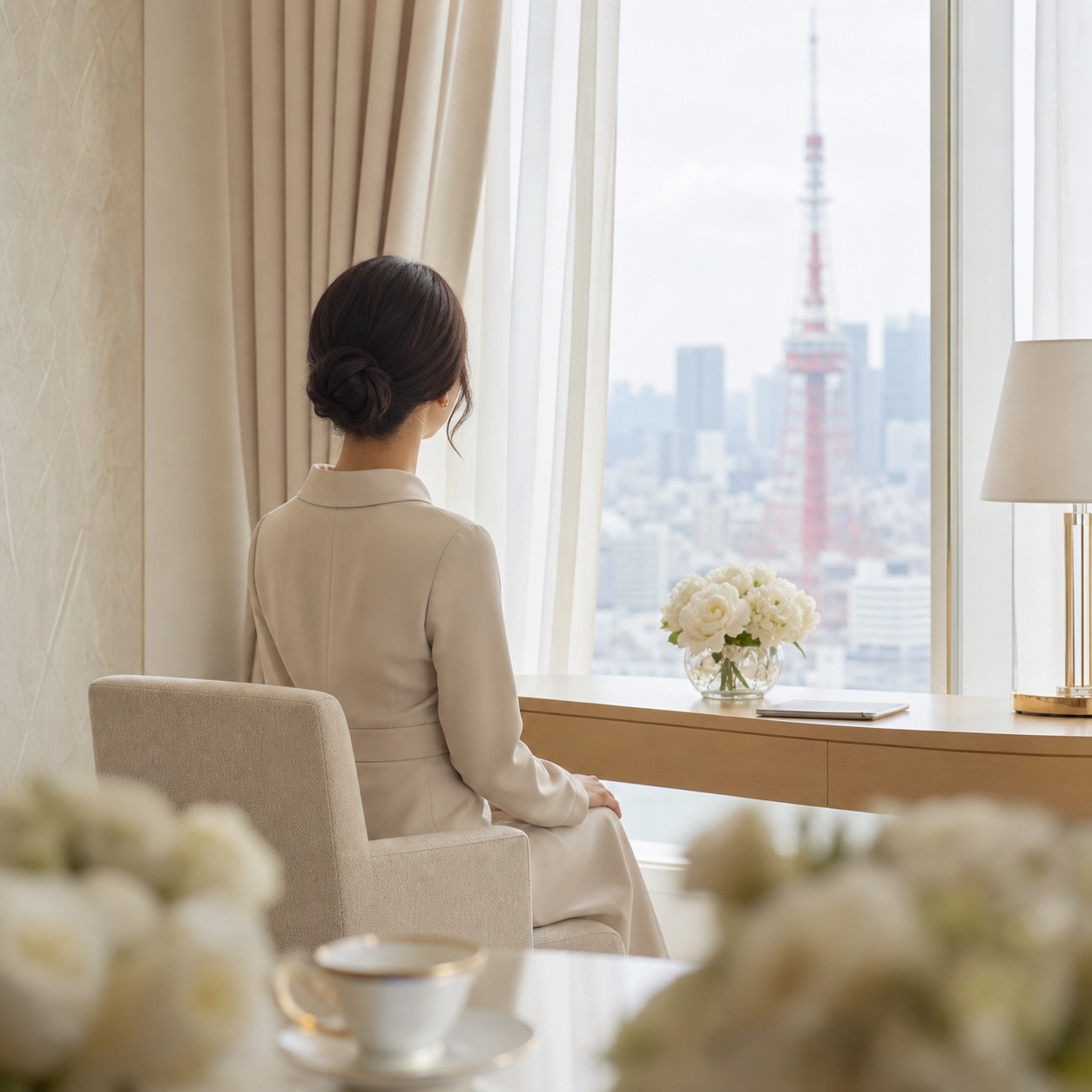窓辺で静かに過ごす女性の後ろ姿